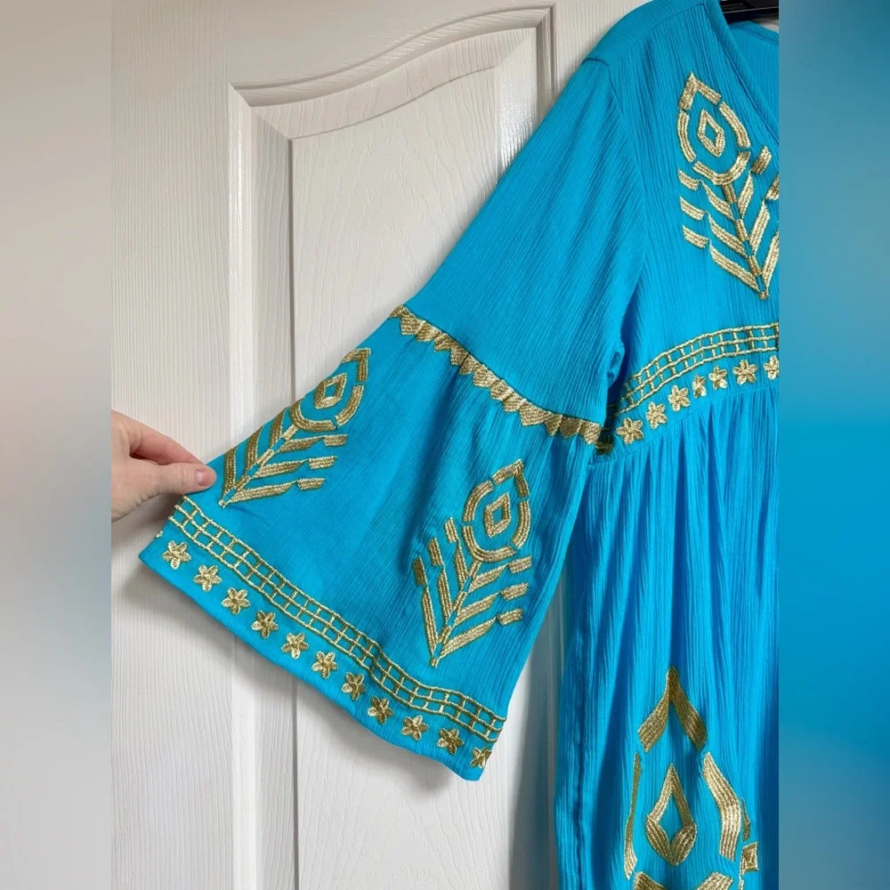 NWT Soft Surroundings Embroidered Tunic Dress Turquoise Gold Gauze Boho MP - Picture 4 of 9